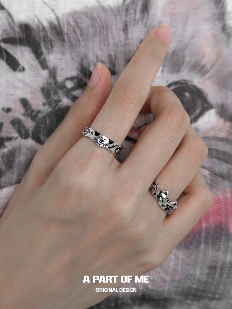 Graffiti Cat & Dog S925 Sterling Silver Couple Rings