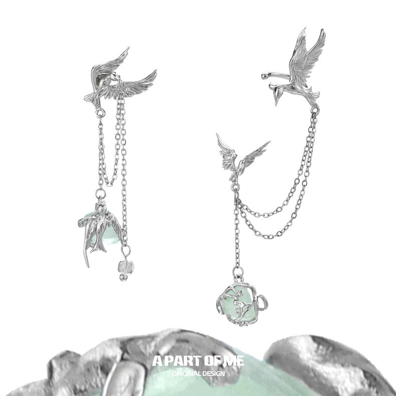 Stray Birds 18K Platinum Plating Swallow Green Fluorite Earrings