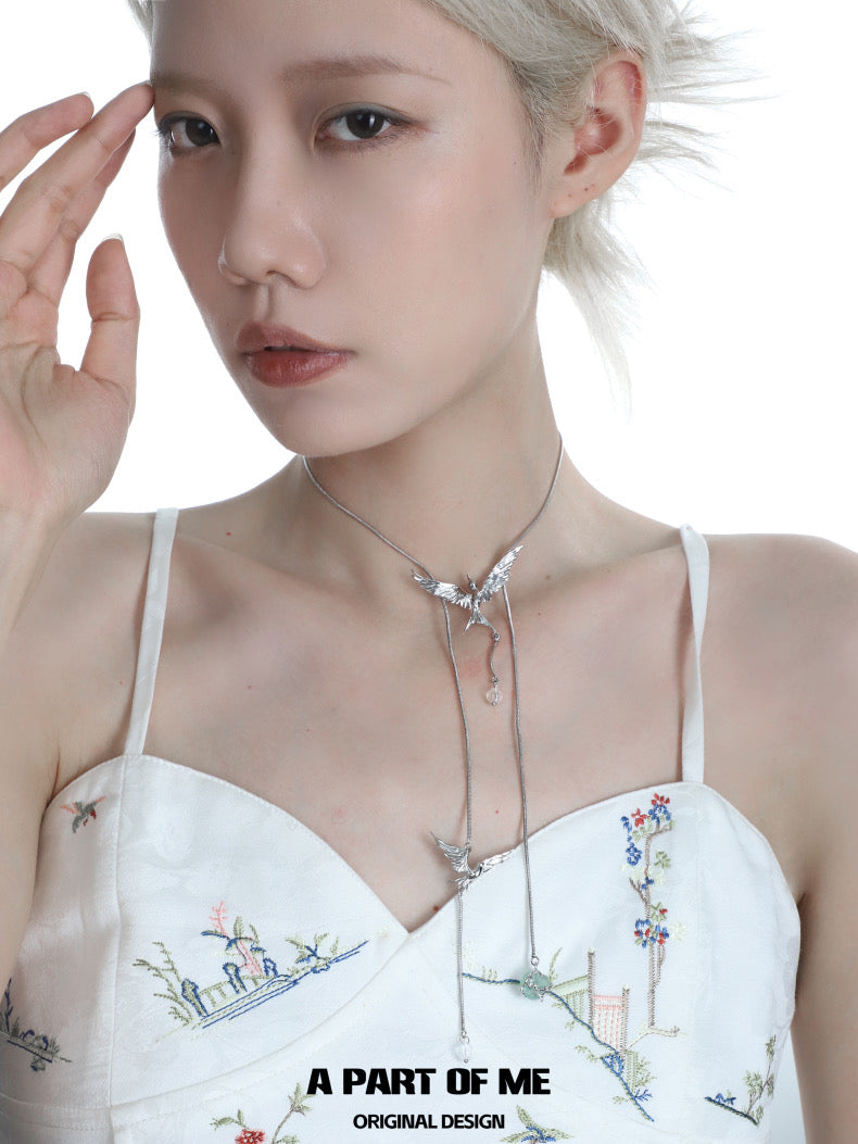 Stray Birds 18K Platinum Plating Green Fluorite Choker & Lariat Necklace
