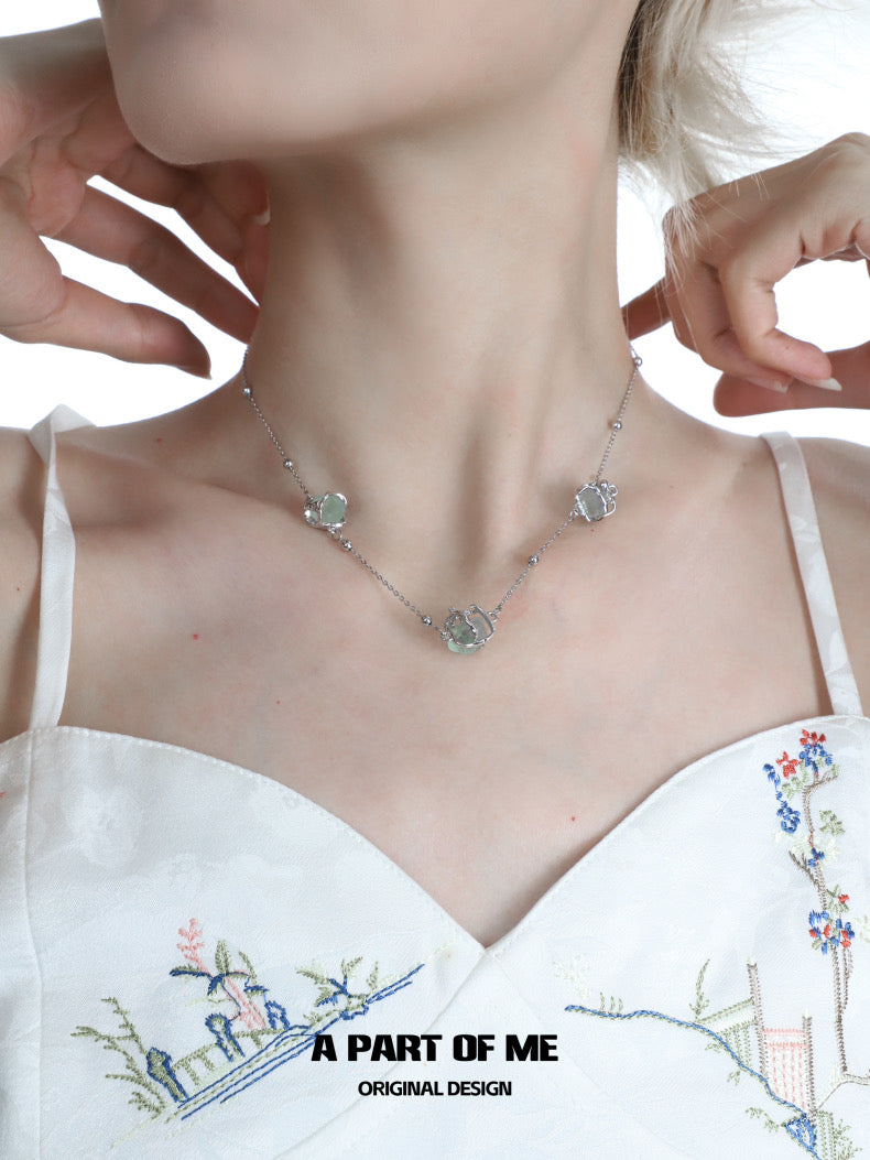 Stray Birds 18K Platinum Plating Green Fluorite Choker & Lariat Necklace