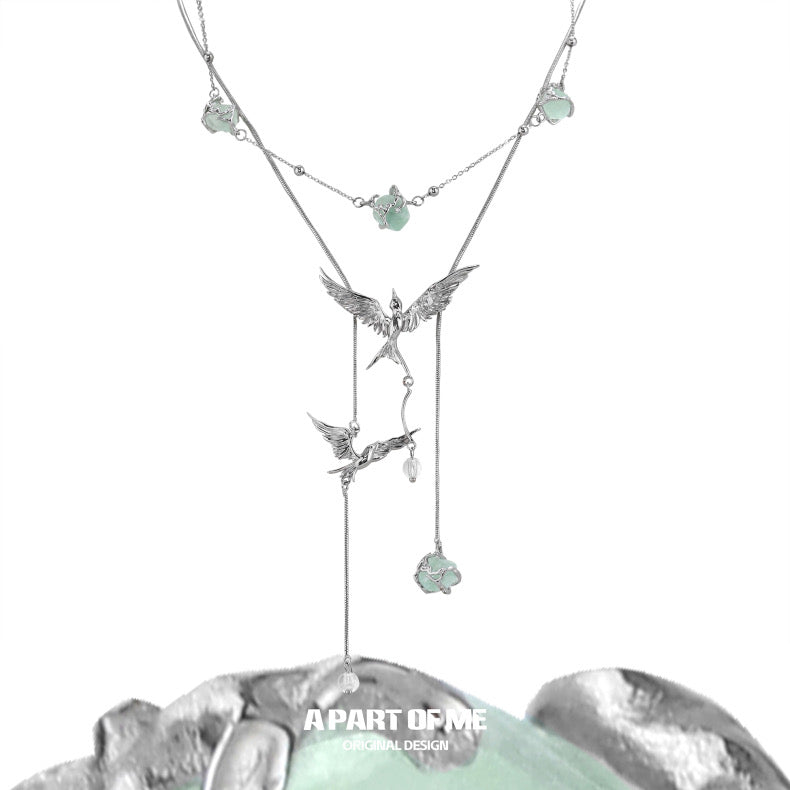 Stray Birds 18K Platinum Plating Green Fluorite Choker & Lariat Necklace