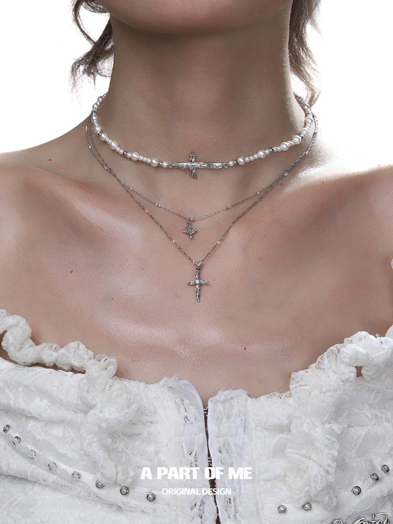 Rose on the Cross S925 Sterling Silver Choker & Double Layered Necklace