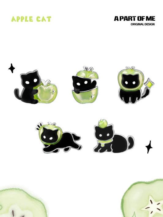 Apple Cat 18K Platinum Plating Black Cat & Green Apple Stud Earrings