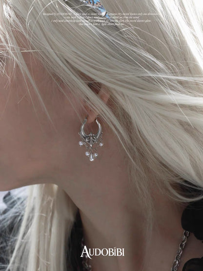 The Knight 18K Platinum Plating Fleur de lis Pearl & Tassel Hoop Earrings