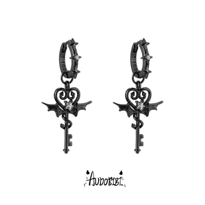 Little Devil 18K Platinum Plating Angel & Demon Heart Key Huggie Earrings