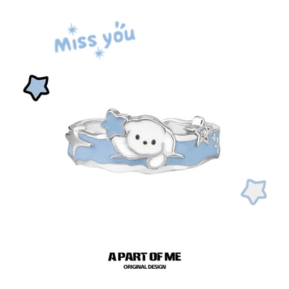 Picking Stars in the Snow S925 Sterling Silver Black Cat & White Puppy Couple Ring