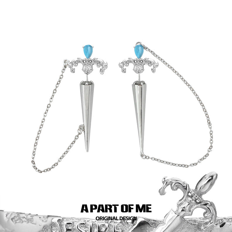 Guardian Sword 18K Platinum Plating Cat's Eye Stone Tassel Sword Earrings