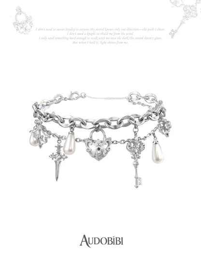 The Knight 18K Platinum Plating Lock Pendant Pearl Chain Slider Bracelet