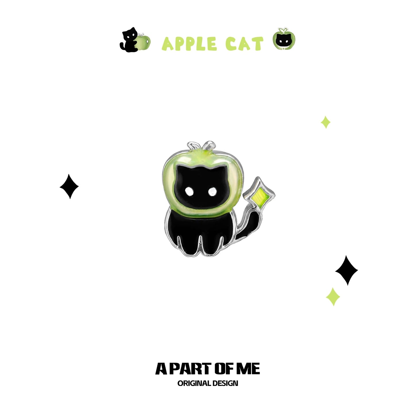 Apple Cat 18K Platinum Plating Black Cat & Green Apple Stud Earrings