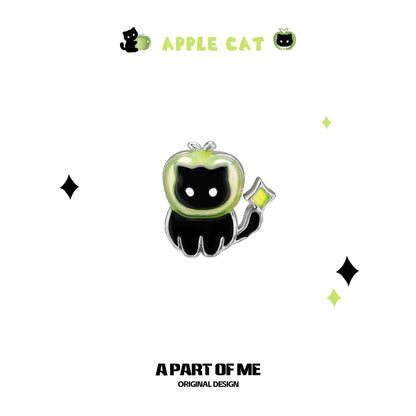 Apple Cat 18K Platinum Plating Black Cat & Green Apple Stud Earrings