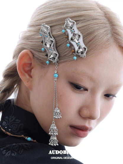 Plume Collection 18K Platinum Plated Tibet Style Hair Clip (Detachable Tassel)