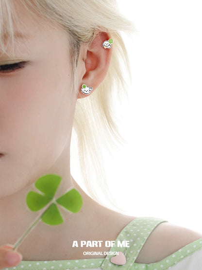 The Lucky Clover Kitten & Puppy 18K Platinum Plating Stud Earrings