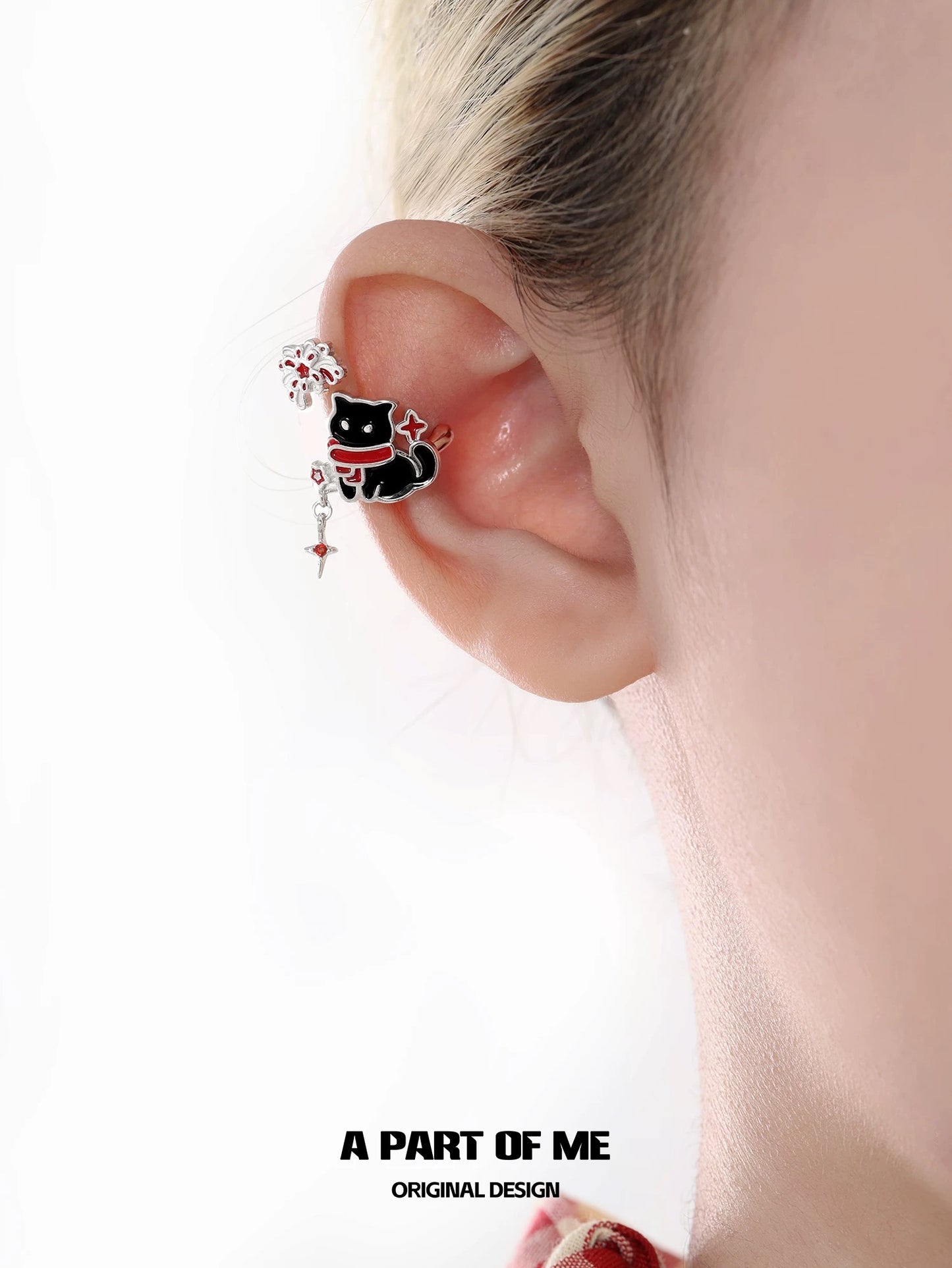 Happy New Year 18K Platinum Plating Black Cat & White Dog under the Firework Ear Cuffs