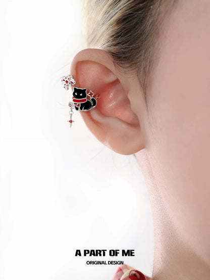 Happy New Year 18K Platinum Plating Black Cat & White Dog under the Firework Ear Cuffs