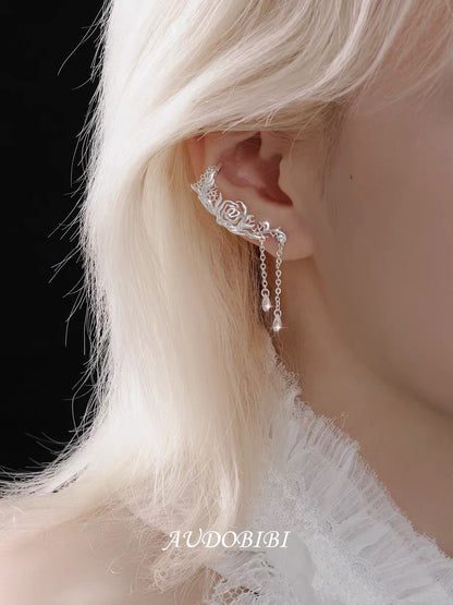Dreaming in Lace Platinum Plating Rose Lobe Earrings with Earcuffs