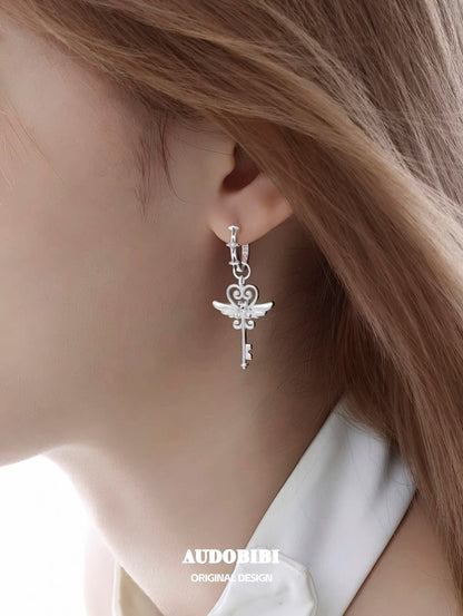 Little Devil 18K Platinum Plating Angel & Demon Heart Key Huggie Earrings