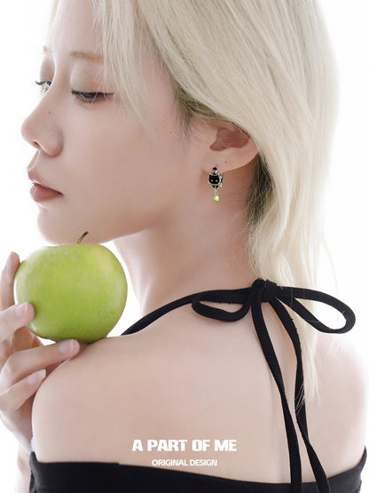 Apple Cat 18K Platinum Plating Black Cat & Green Apple Huggie Earrings