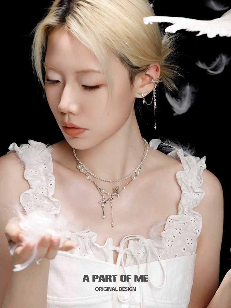 Celestial Plumage 18K Platinum Plating Pearl Double Layered Necklace