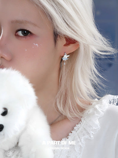 Snowy Black Cat & White Dog 18K Platinum Plating Huggies Earrings