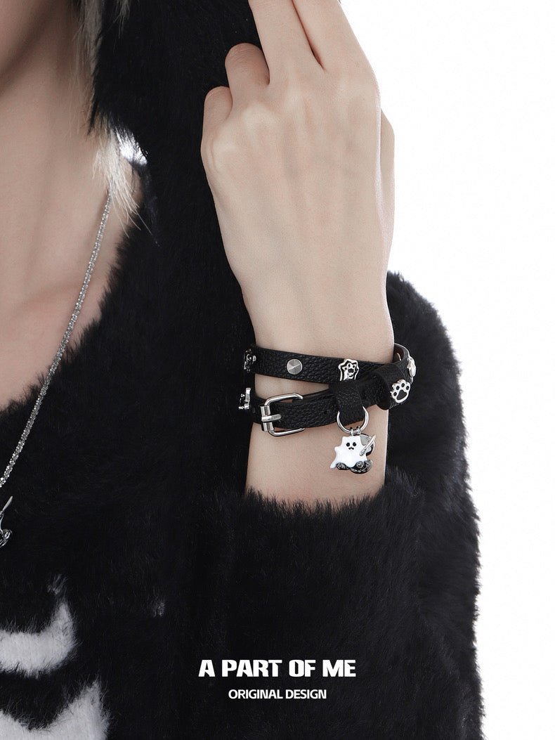 Ghost Kitten 18K Platinum Plating Leather Bracelet