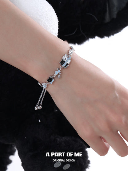 Snowy Black Cat & White Dog 18K Platinum Plating Slider Bracelet