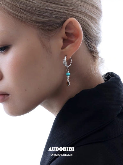 Plume Collection 18K Platinum Plating Turquoise & Tiger Eyes Stone Asymmetry Hoop Earrings