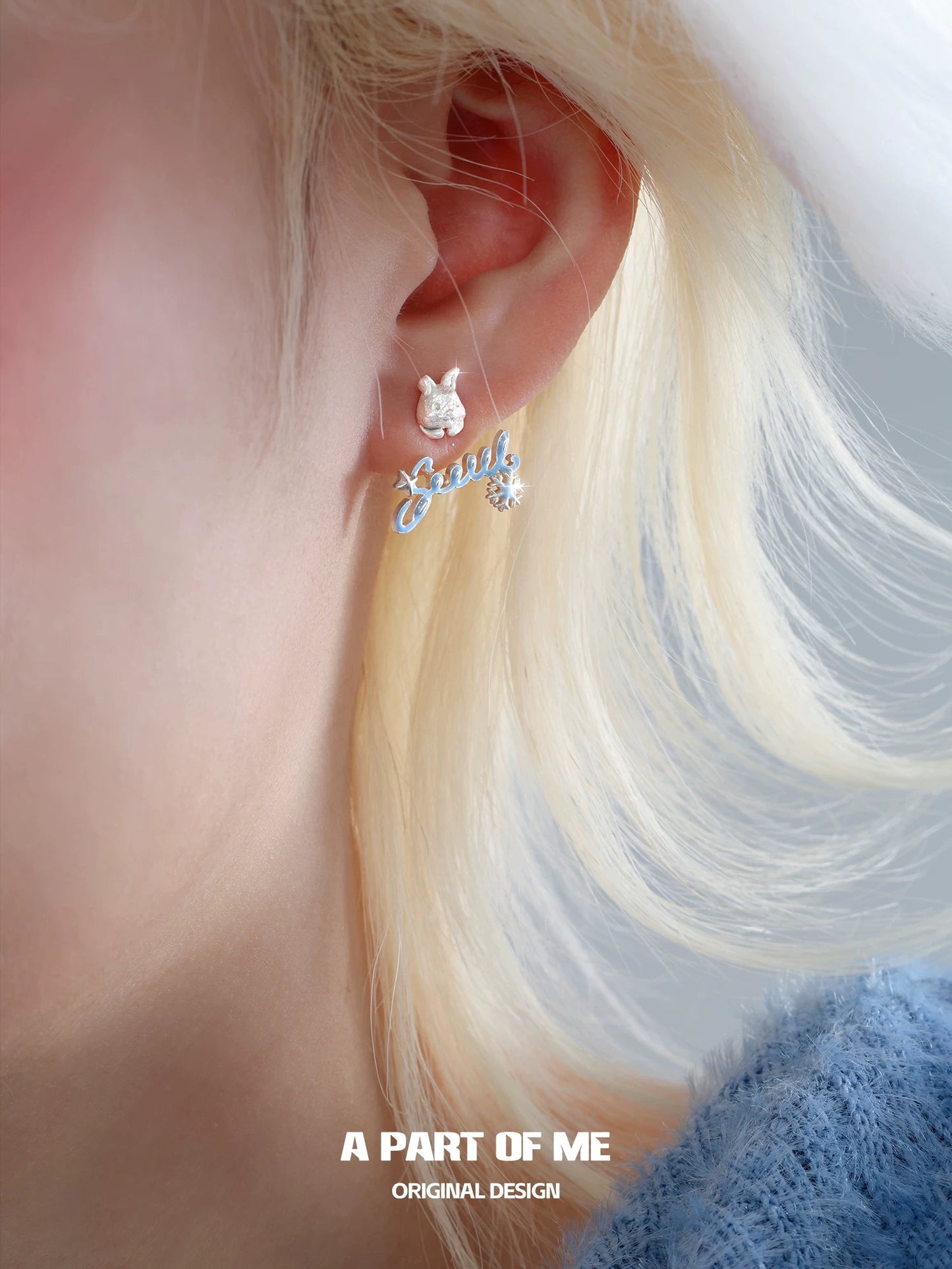 Snow Bunny Platinum Plating Detachable Snowflakes Earrings