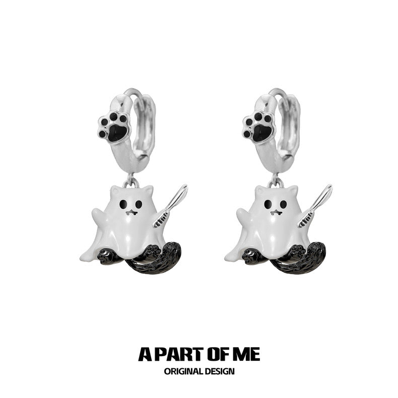 Ghost Kitten 18K Platinum Plating Huggies Earrings