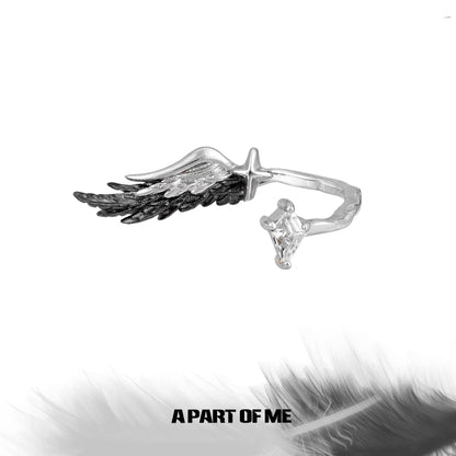 A Love Story Between a Dove & a Crow S925 Sterling Silver Feather Adjustable Rings