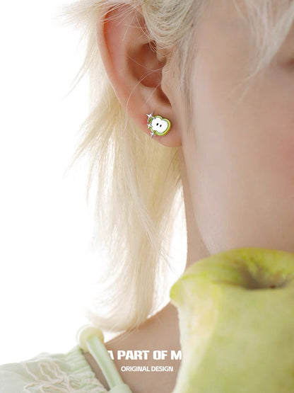 Apple Slice 18K Platinum Plating Green & Red Apple Stud Earrings