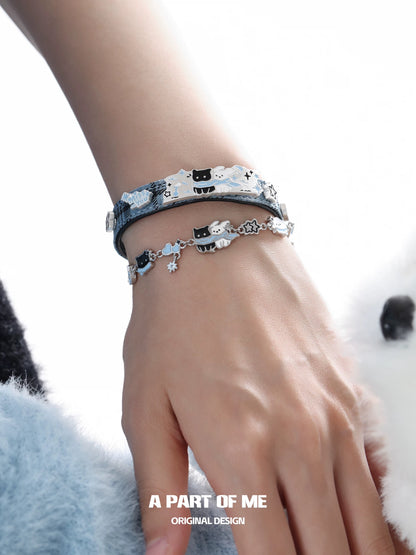 Snowy Black Cat & White Dog 18K Platinum Plating Slider Bracelet