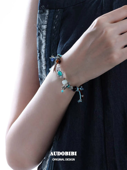 Plume Collection 18K Platinum Plating Hand-braided Cord Turquoise & Agate Bracelet