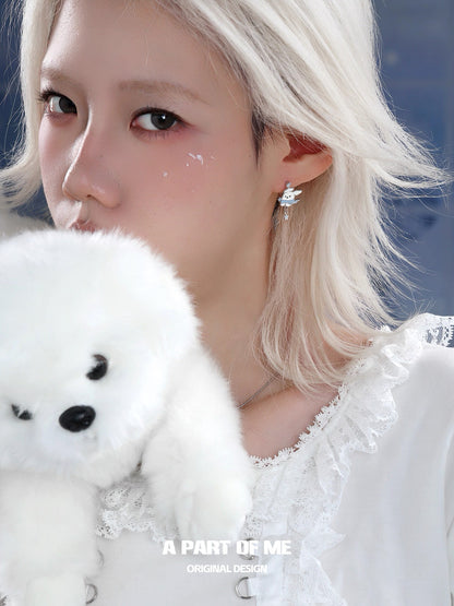 Snowy Black Cat & White Dog 18K Platinum Plating Huggies Earrings