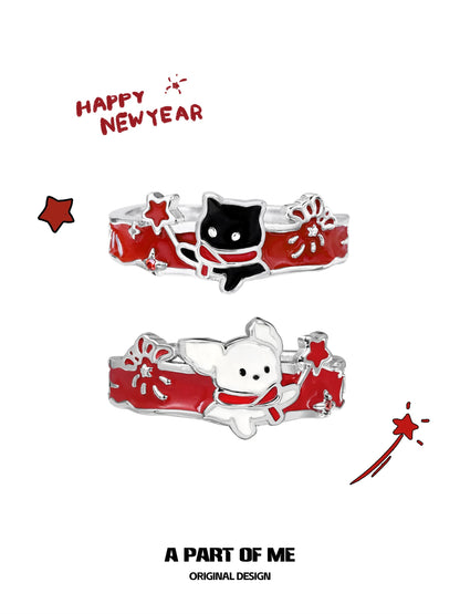 Happy New Year S925 Sterling Silver Black Cat & White Dog Couple Ring