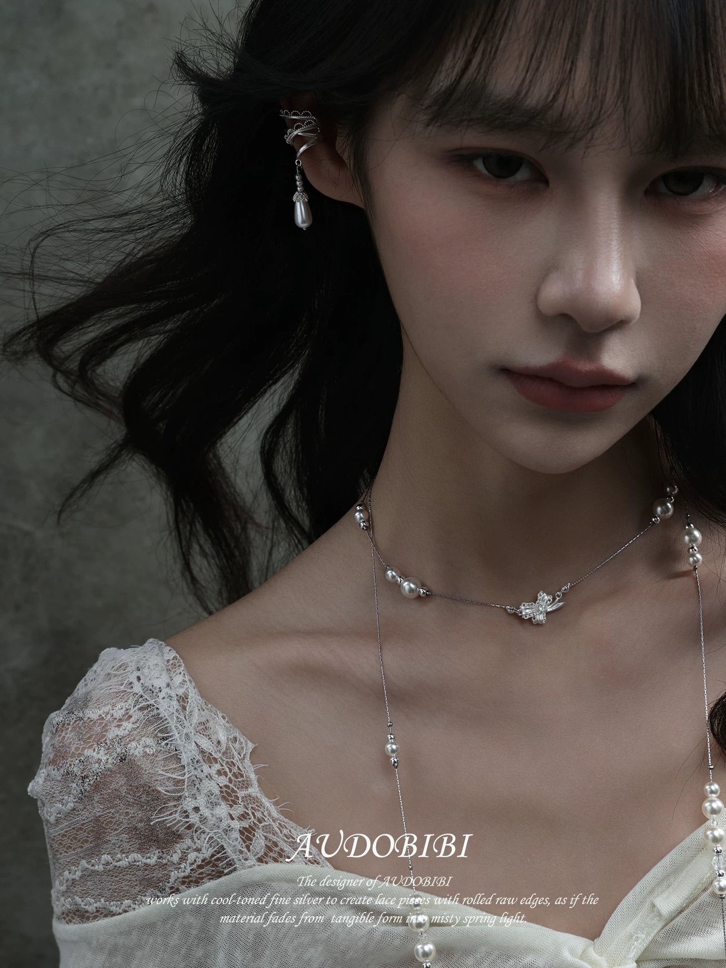 Dreaming in Lace 18K Platinum Plating Pearl Dangle Earcuffs