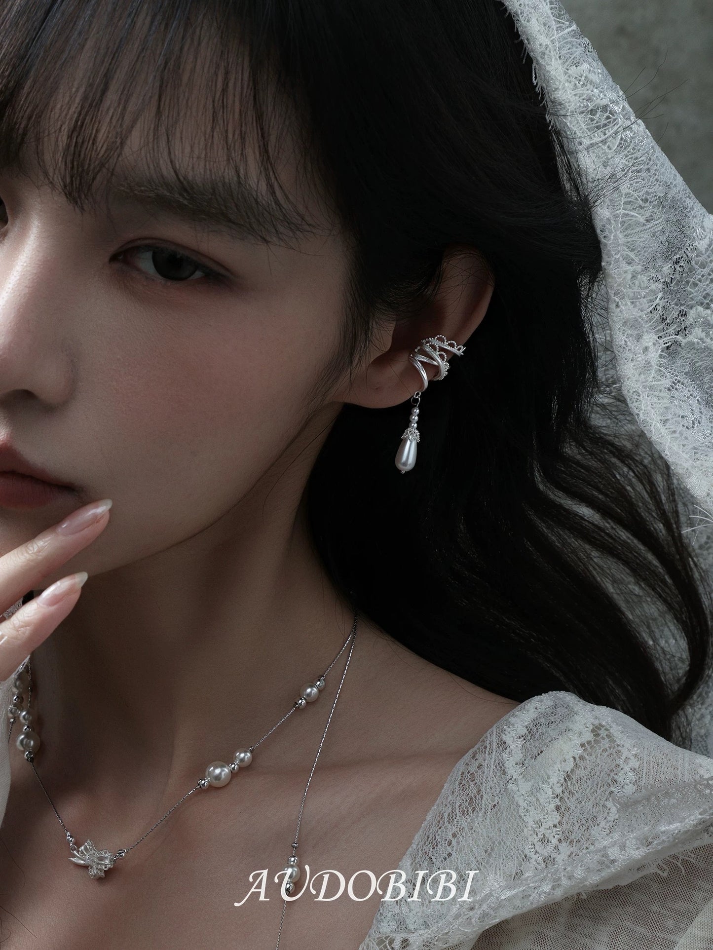 Dreaming in Lace 18K Platinum Plating Pearl Dangle Earcuffs