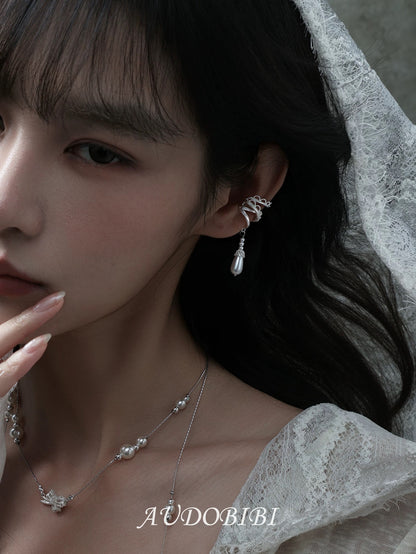 Dreaming in Lace 18K Platinum Plating Pearl Dangle Earcuffs