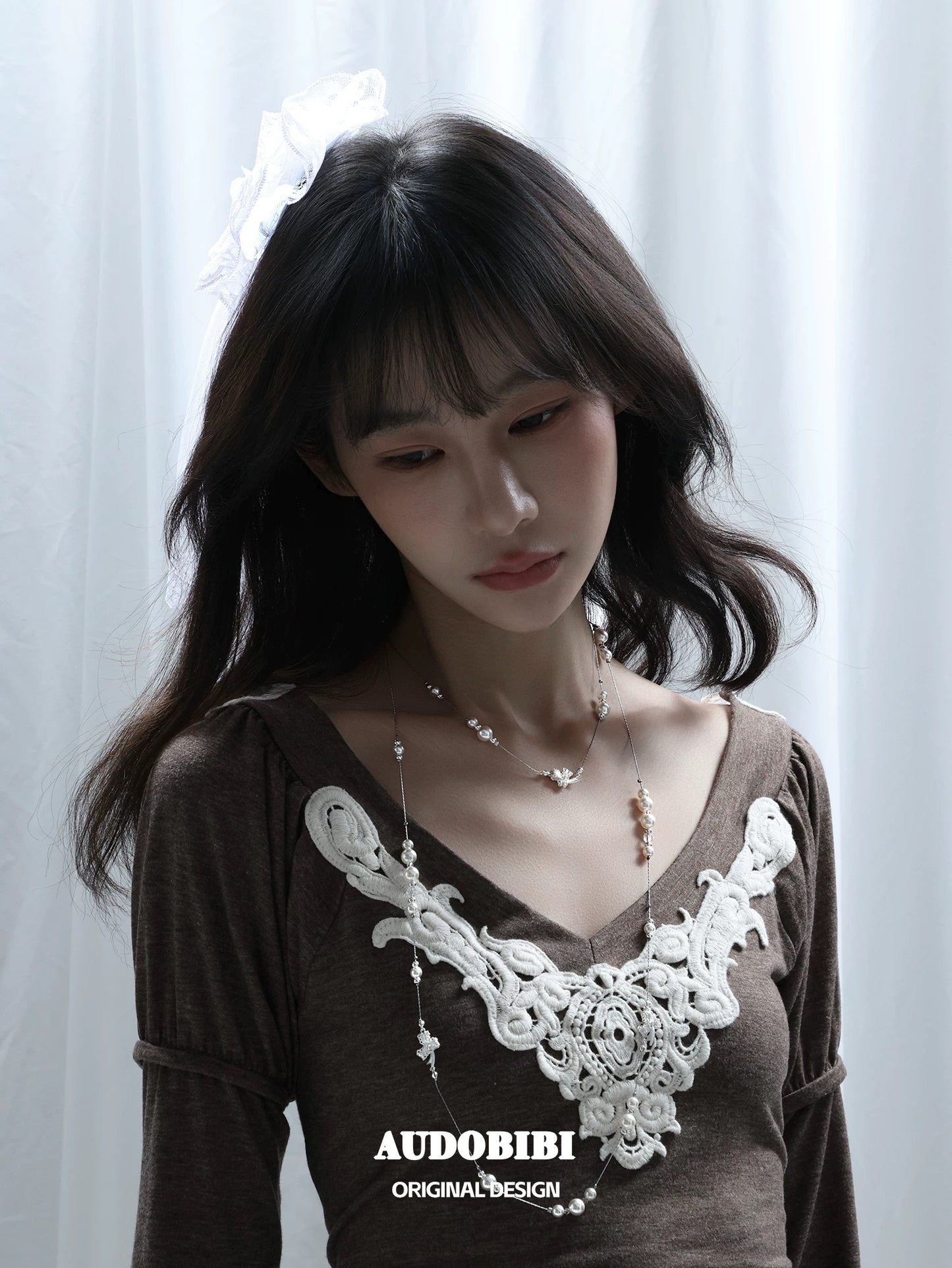 Dreaming in Lace 18K Platinum Plating Pearl & Ribbon Stacked Necklace