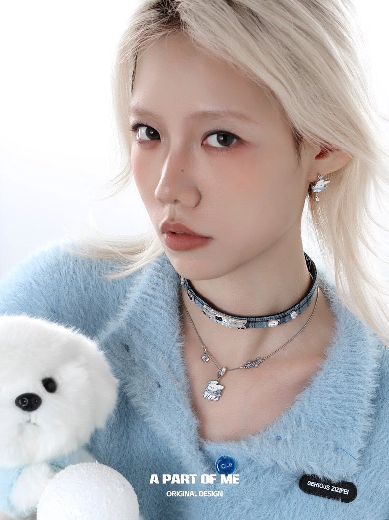 Snowy Black Cat & White Dog Leather Choker