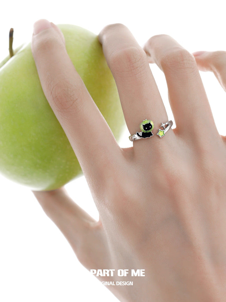 Apple Cat S925 Sterling Silver Black Cat & Green Apple Adjustable Rings