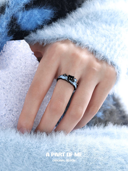 Picking Stars in the Snow S925 Sterling Silver Black Cat & White Puppy Couple Ring