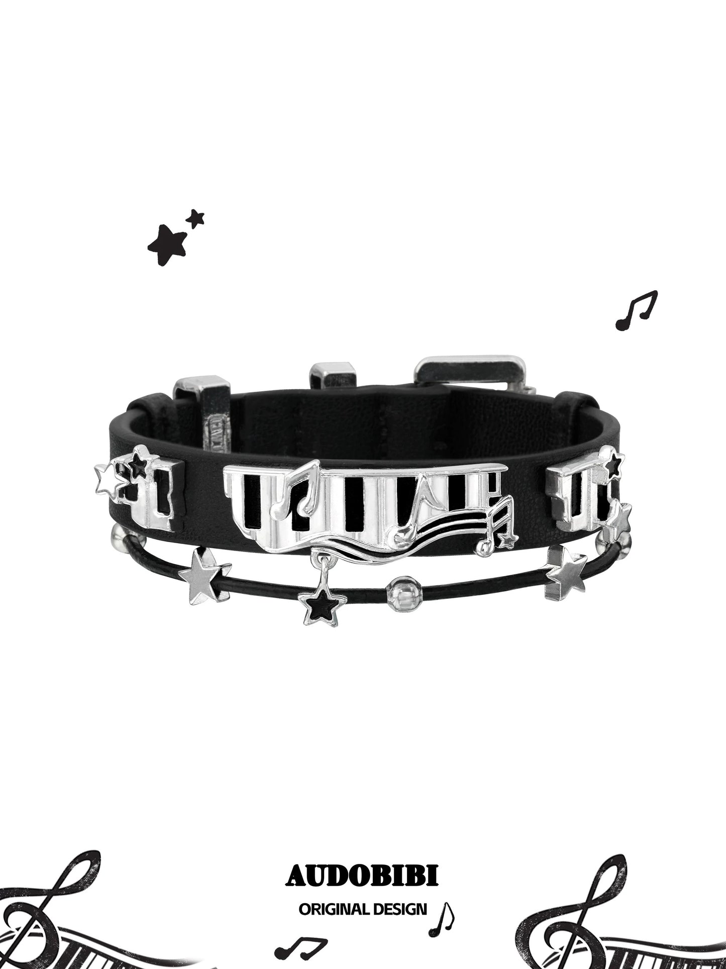 Melody Etude Faux Leather 18K Platinum Plating Black & White Piano Keys Belt Bracelet