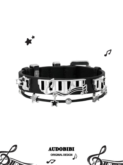 Melody Etude Faux Leather 18K Platinum Plating Black & White Piano Keys Belt Bracelet