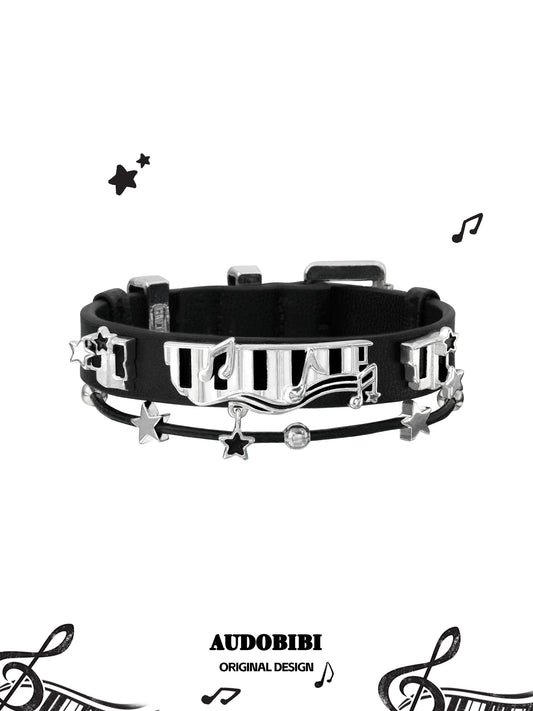 Melody Etude Faux Leather 18K Platinum Plating Black & White Piano Keys Belt Bracelet