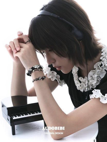 Melody Etude Faux Leather 18K Platinum Plating Black & White Piano Keys Belt Bracelet