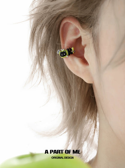 Apple Cat 18K Platinum Plating Black Cat & Green Apple Ear Cuffs
