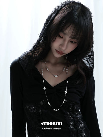 Dreaming in Lace 18K Platinum Plating Pearl & Ribbon Stacked Necklace