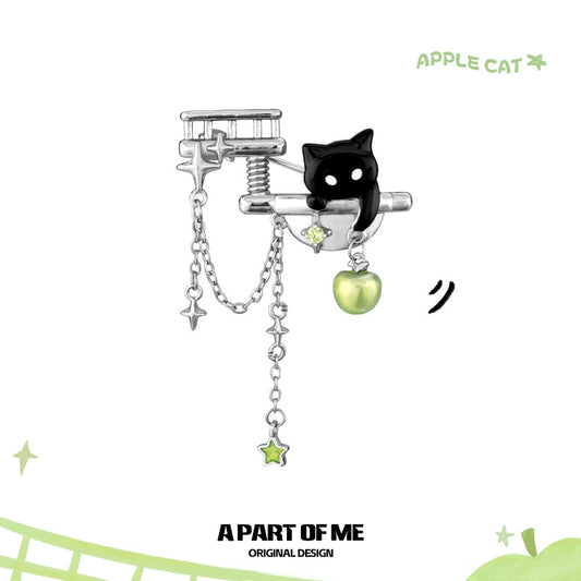 Apple Cat 18K Platinum Plating Black Cat & Green Apple Brooch