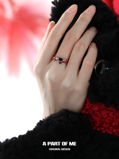 Happy New Year S925 Sterling Silver Black Cat & White Dog Couple Ring