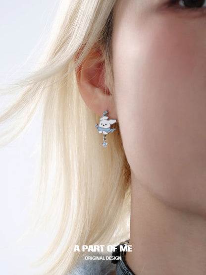 Snowy Black Cat & White Dog 18K Platinum Plating Huggies Earrings